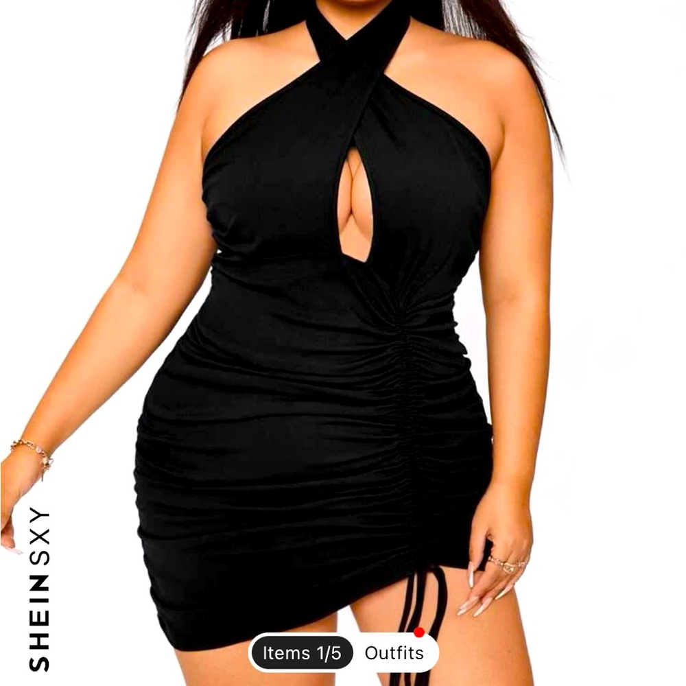 SHEIN Black cross dress, cocktail dress, Bodycon, front halter draw string